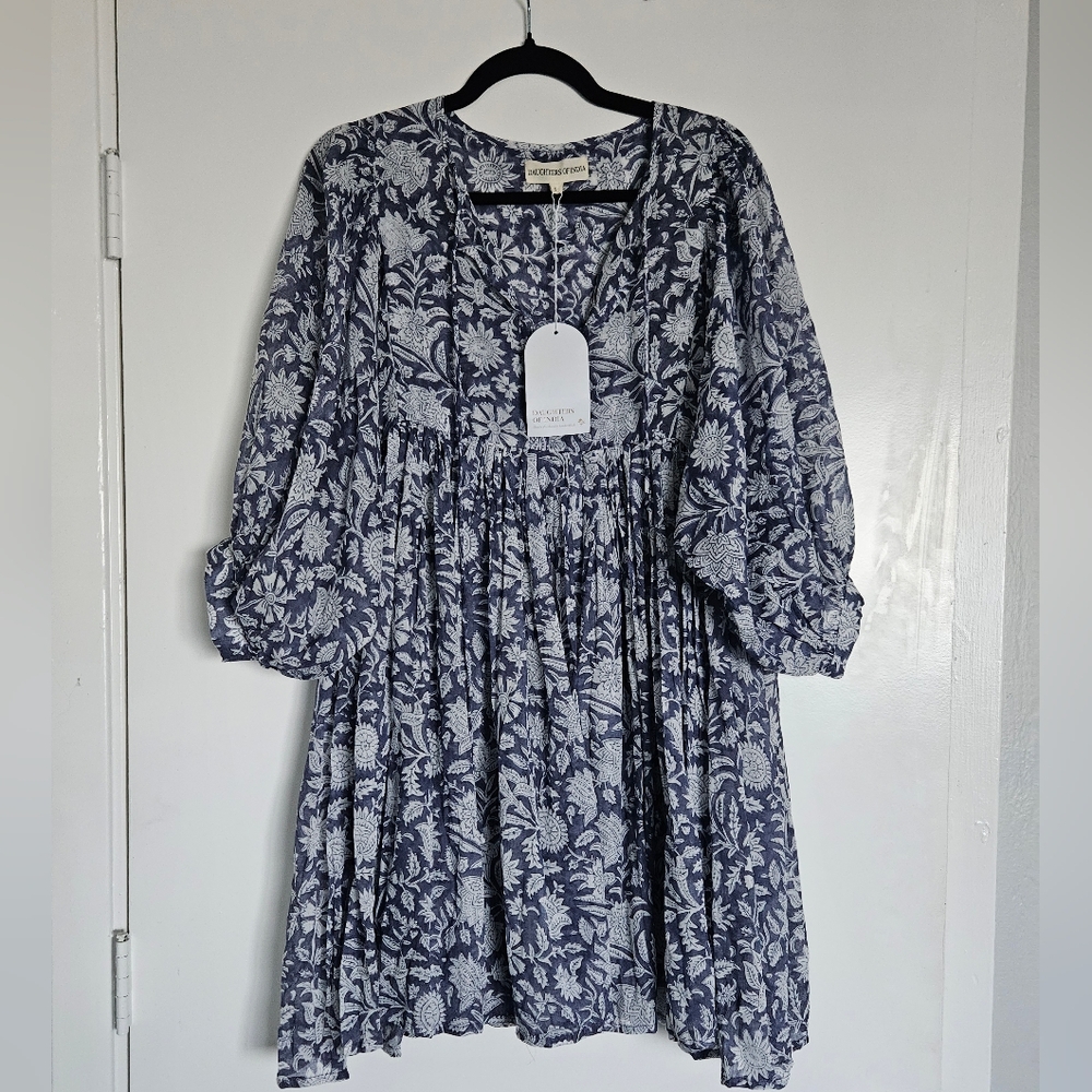 Daughters of India Navy and White Floral Babydoll Dress